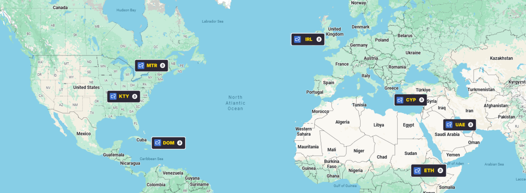Map showing global crypto mining data center locations with low-cost electricity